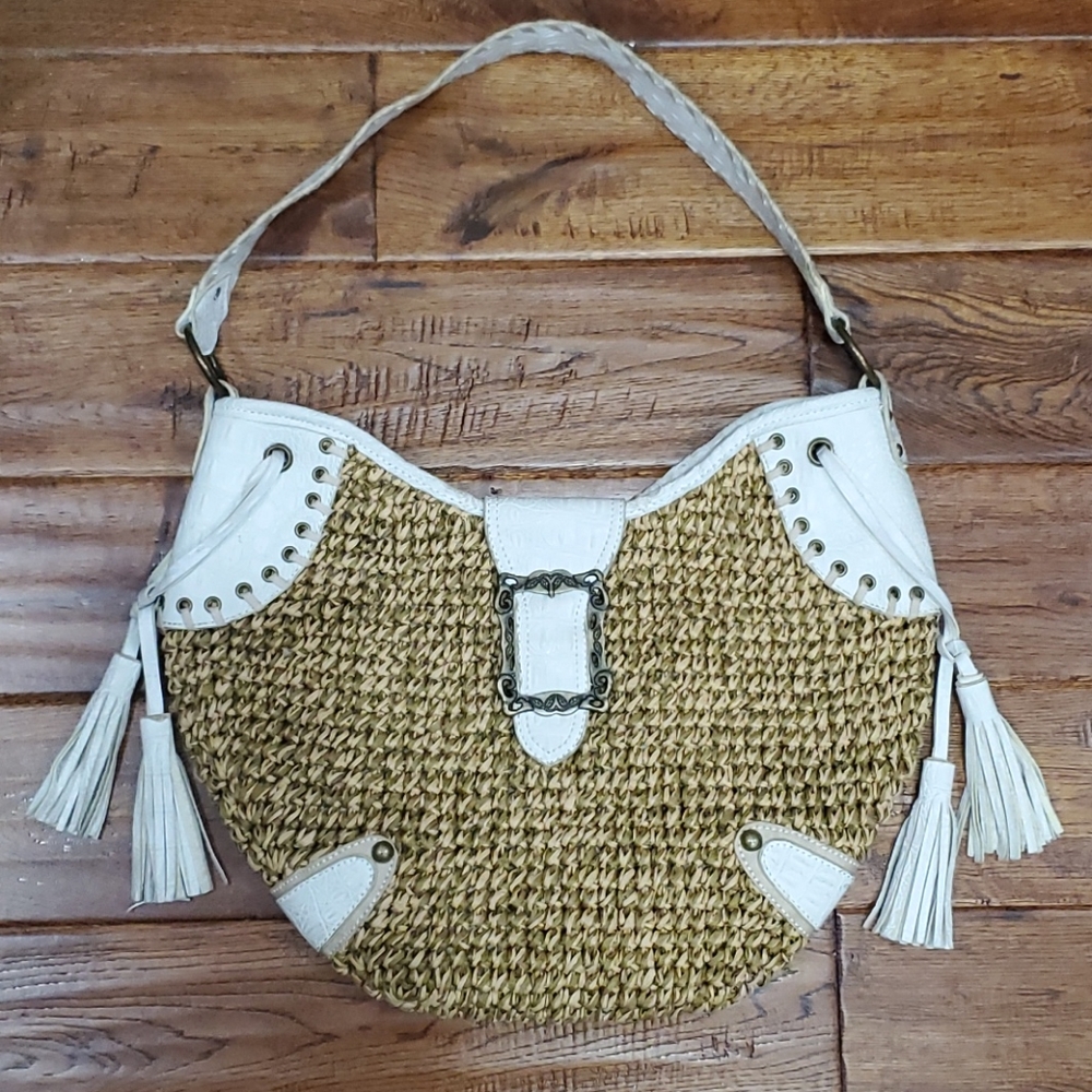 White Faux Leather & Straw Boho Shoulder Bag